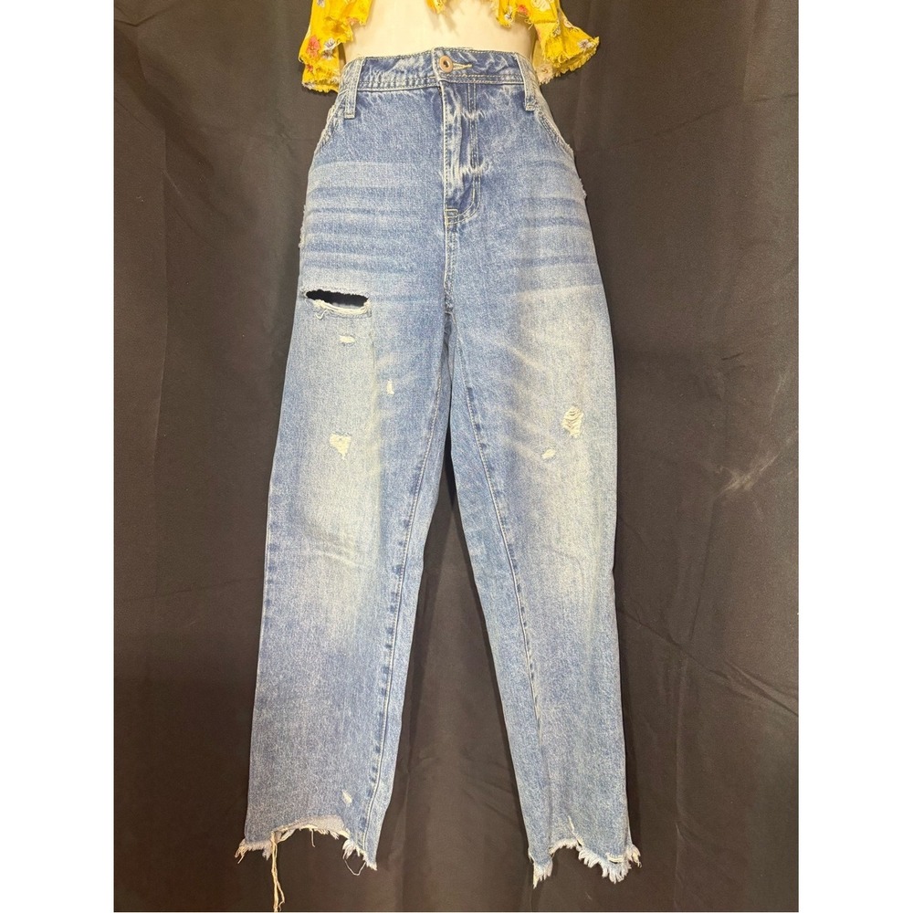 Flamingo Women High Rise Distressed Straight Leg Jeans Light Blue Size L